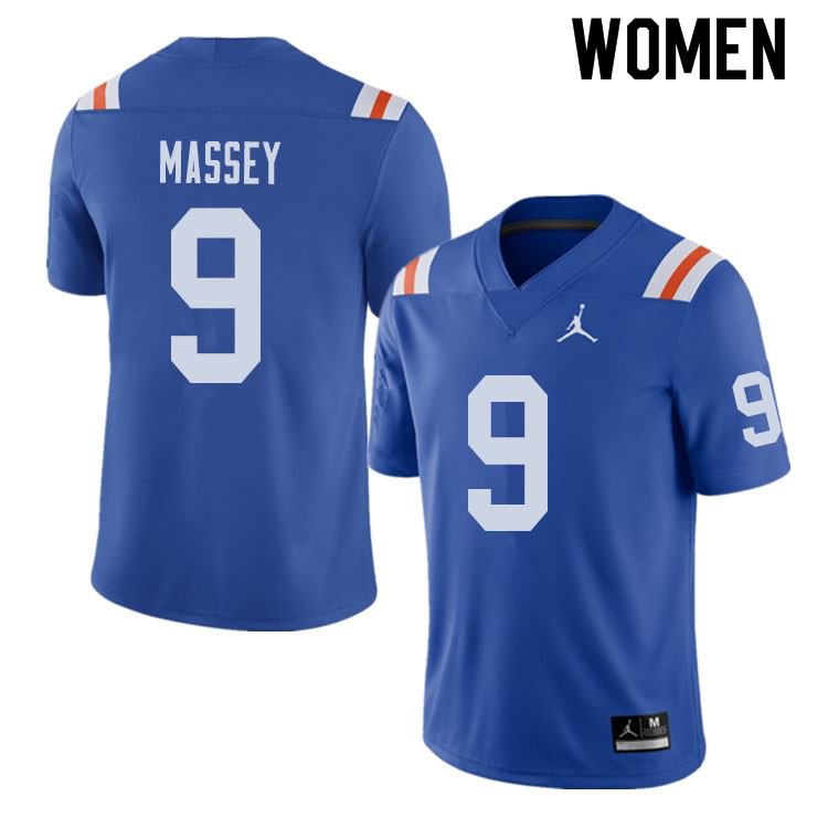 Women's NCAA Florida Gators Dre Massey #9 Stitched Authentic Alternate Jordan Brand Royal Throwback College Football Jersey NJE8165UO